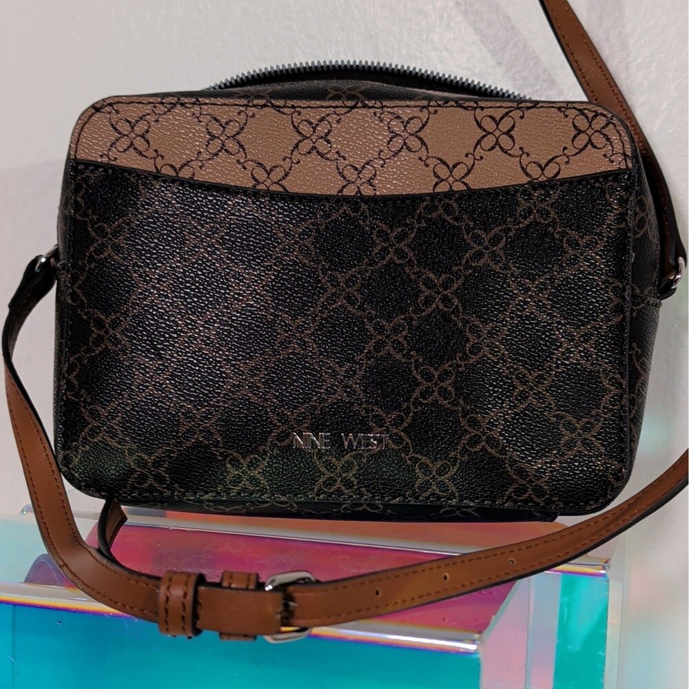 Vintage Nine West Monogram Crossbody Bag Brown Black Y2K Mini Camera Purse